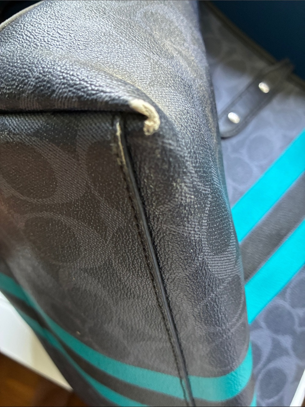 Coach Black Signature Tote with Teal Racing Stripes - Picture 8 of 10